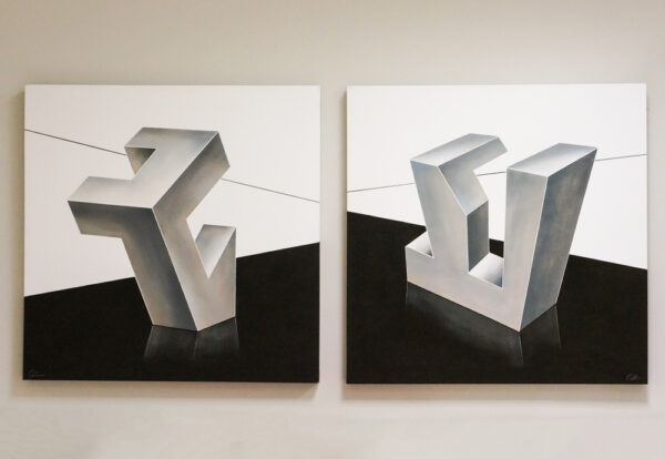 Cuadro abstracto cubista de tonos grises en Alcon Mobiliario.