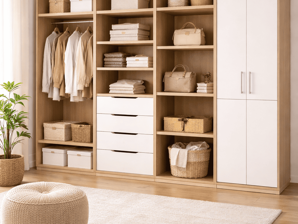 Armario modular de dormitorio con módulos combinados, baldas y cajones en acabado madera