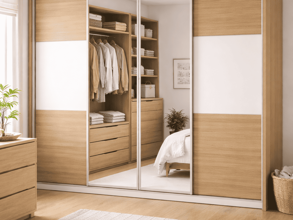 Armario de puertas correderas en dormitorio moderno con acabado elegante y diseño funcional