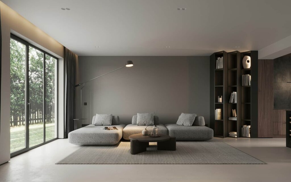 Salón moderno con sofá y distribución de muebles correctamente planificada